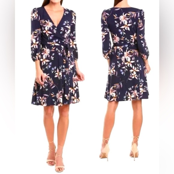 NWT NEW Eliza J Women’s Dress Size 2 Navy Floral Pattern Faux Wrap 3/4 Sleeves - Picture 1 of 15